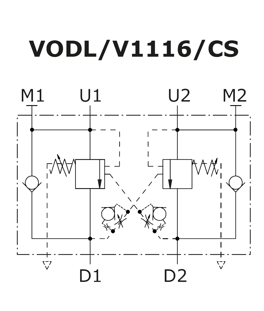 схема сдвоенного гидрозамка с предохранительными клапанами VODL/V1116/CS - Walvoil